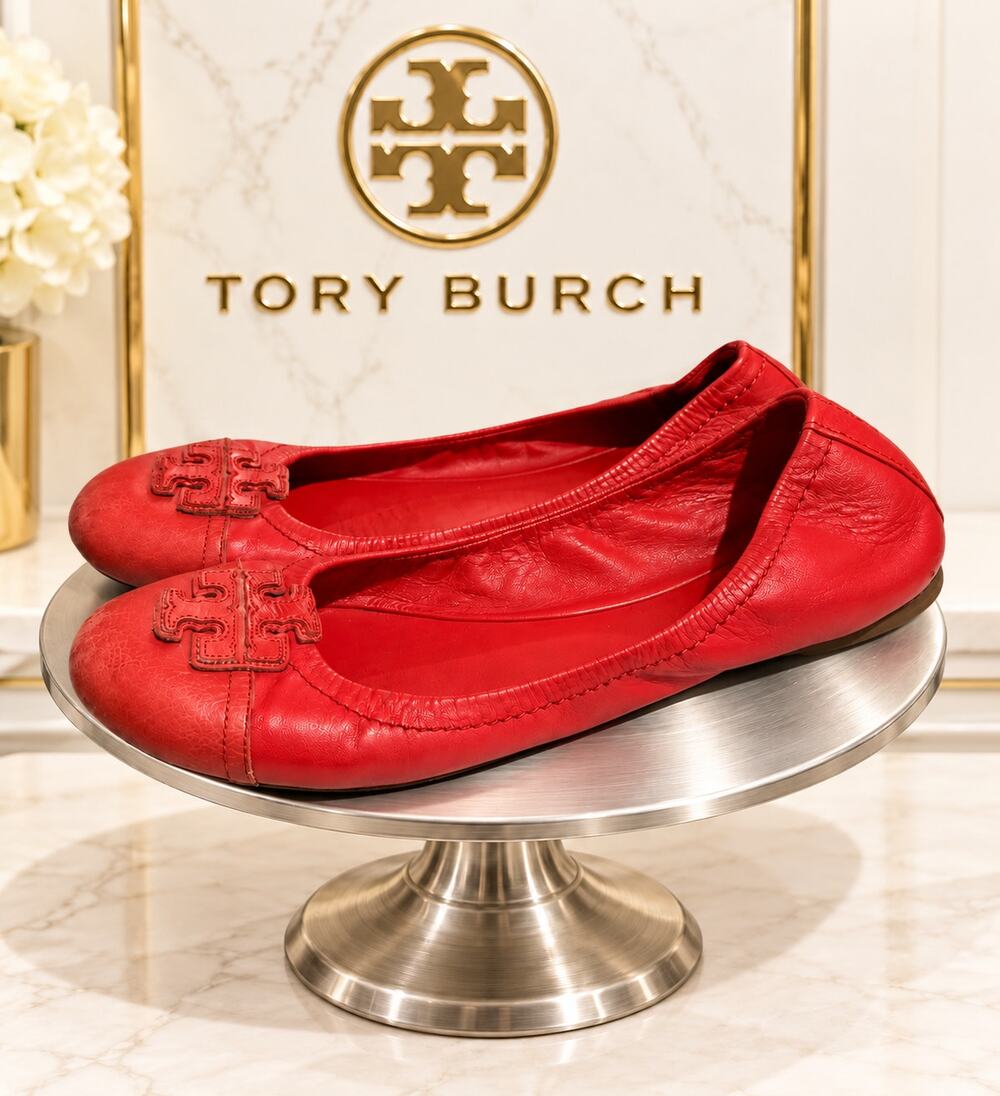 Tory Burch Reva Red Leather Ballet Flats Women’s 8M Logo Shoes
